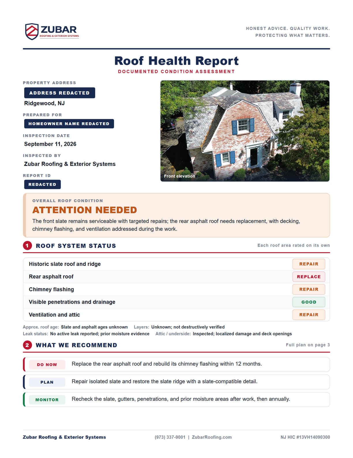 Redacted Zubar Roof Health Report from a roof inspection in Ridgewood, NJ