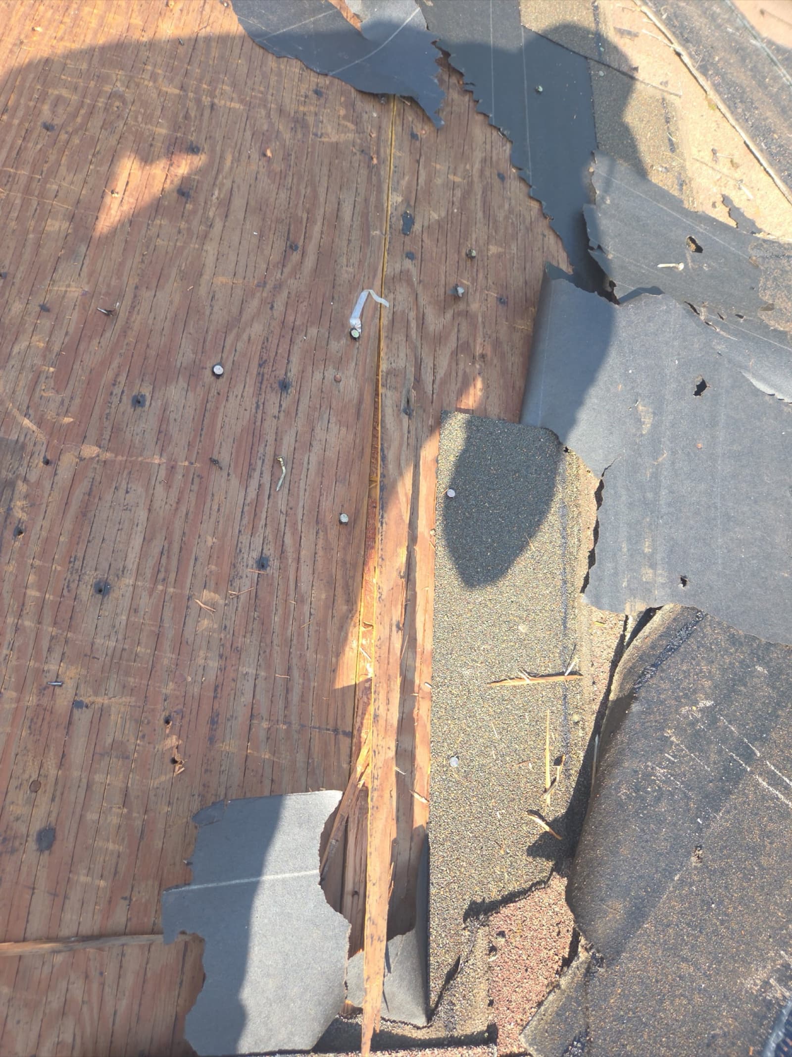 Roof leak investigation in New Jersey — shingle courses opened so Zubar Roofing can inspect the decking beneath.