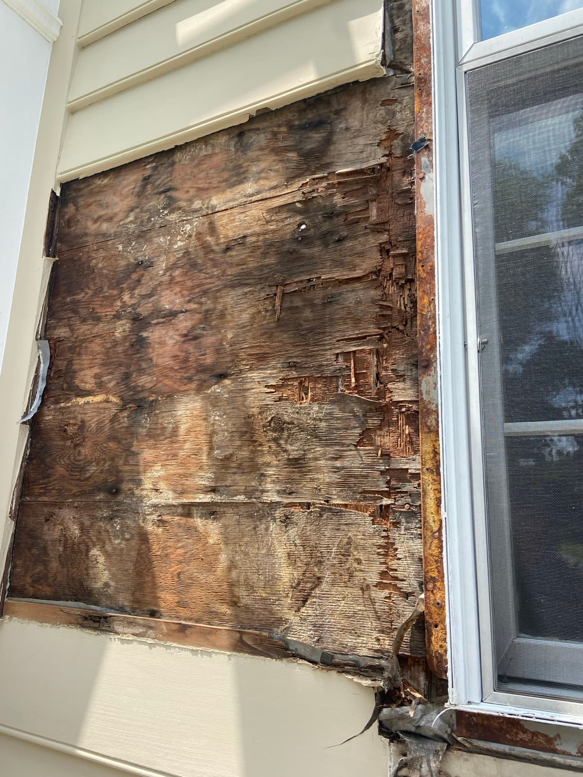 Water-damaged sheathing exposed and documented during an insurance restoration inspection by Zubar Roofing in New Jersey.
